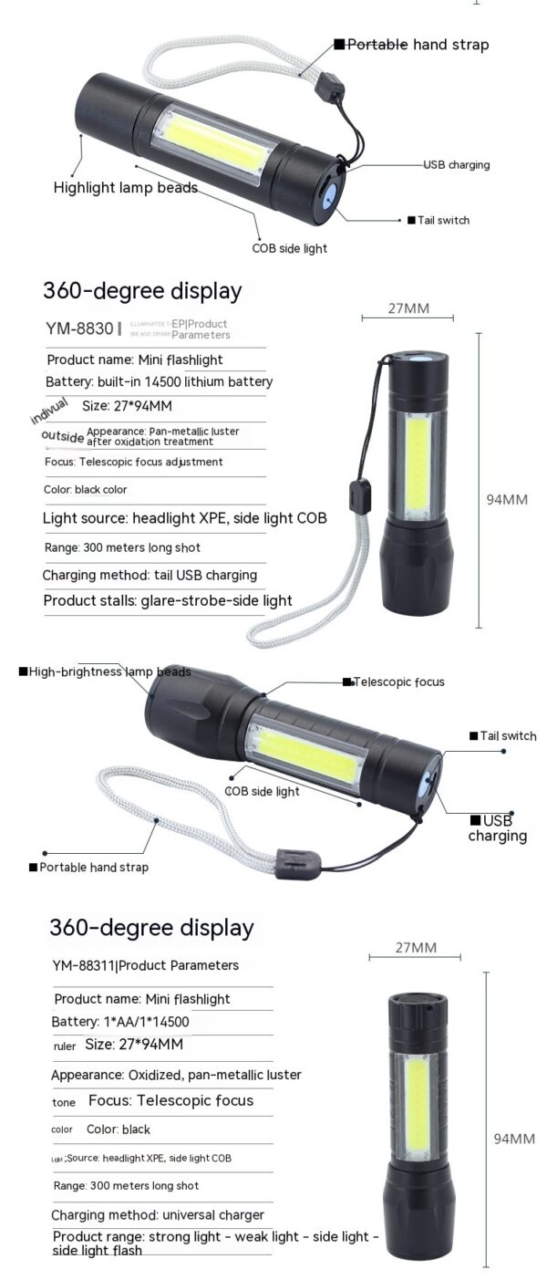 Mini USB Zoom COB Flashlight - Image 3